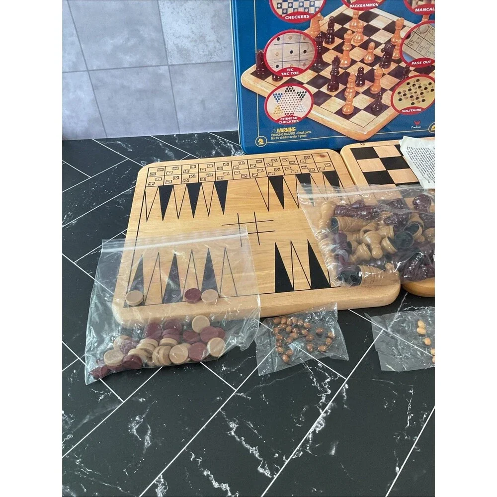 Family 7+ Mancala Game Center 8 Classic Board Games Solid Wood in Tin EUC